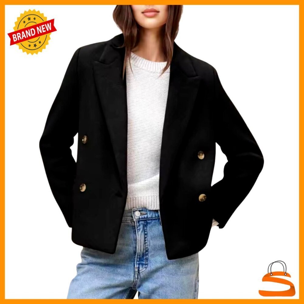 Wool Blend Pea Coat Double Breasted Notched Lapel Cropped Chic Business Wear